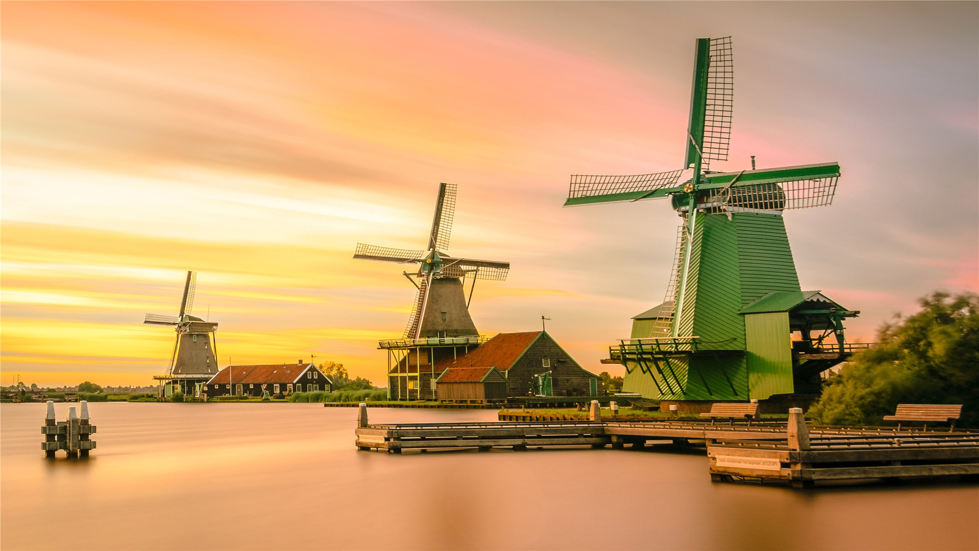 壁纸 荷兰，风车，河流，天空，云 1920x1080 Full HD 2K 高清壁纸, 图片, 照片